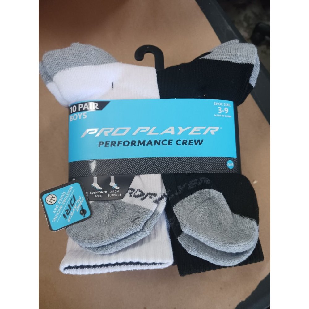 10 Pair Boys Pro Player Performance Crew Socks Size 3-9 NWT